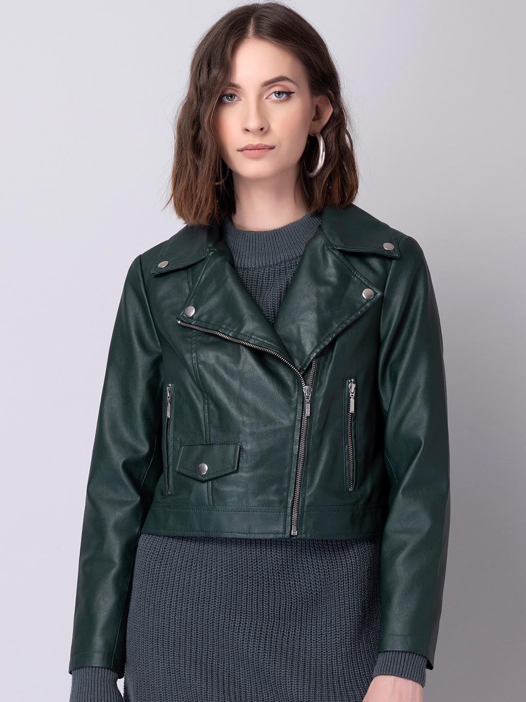 faballey green lapel collar faux fur crop biker jacket