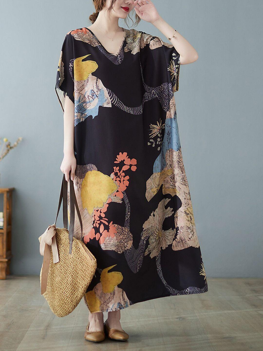 jc mode abstract printed extended sleeves maxi kaftan dress