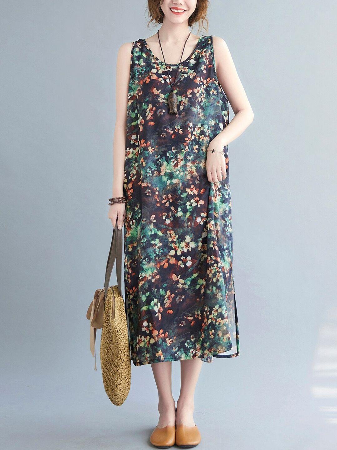 jc mode floral printed round neck sleeveless a-line dress