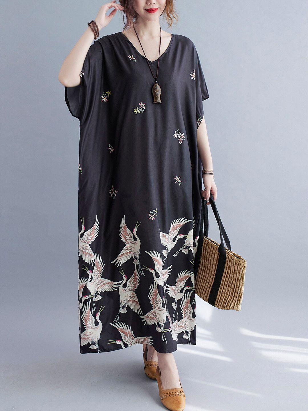 jc mode conversational printed v-neck extended sleeves maxi dress