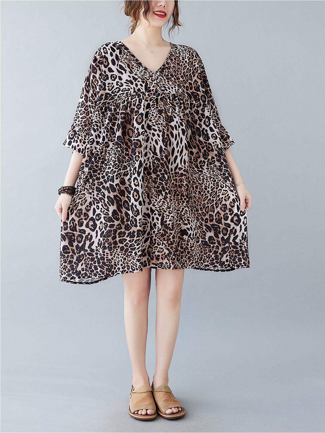 jc mode multicoloured animal print bell sleeve a-line dress