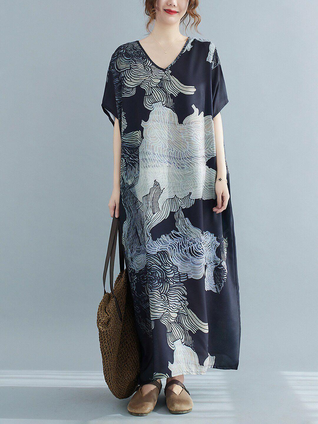 jc mode floral printed v-neck extended sleeves a-line maxi dress