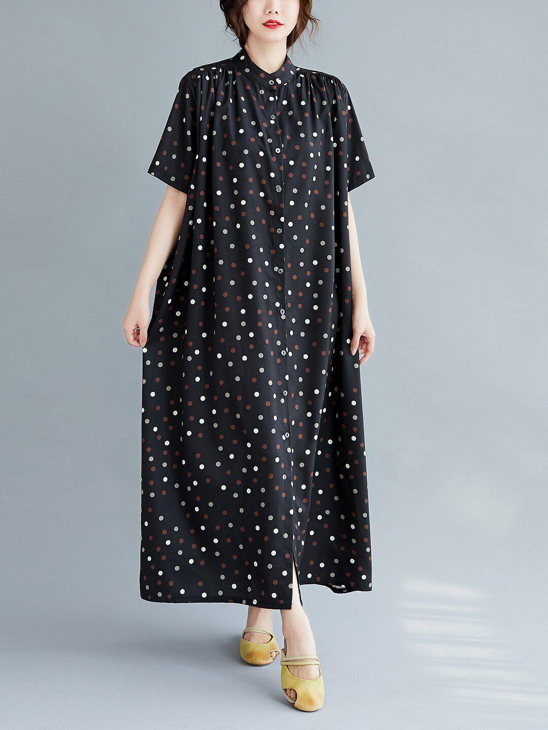 jc mode polka dots printed band collar maxi dress