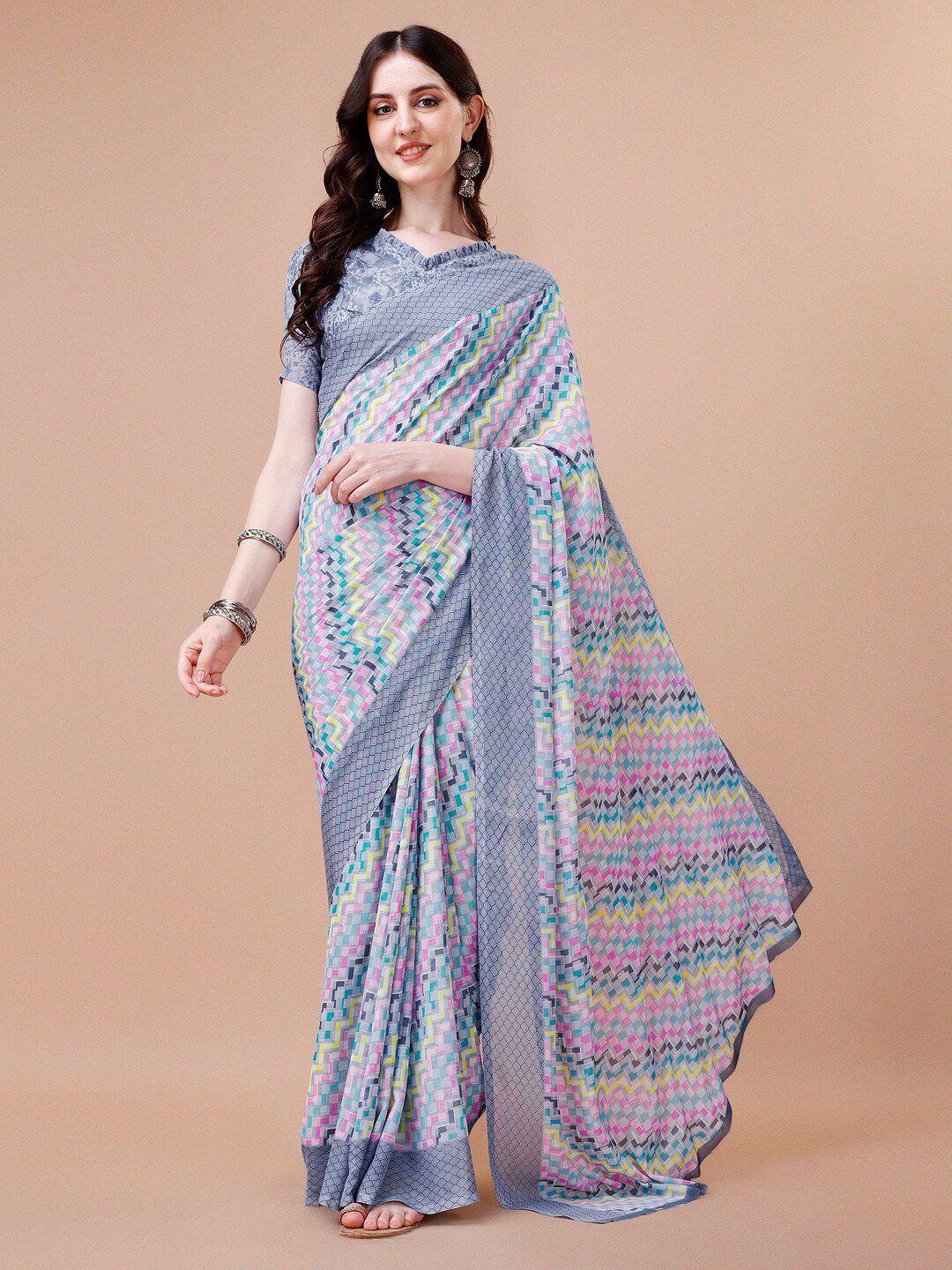 sangria grey geometric printed pure georgette saree