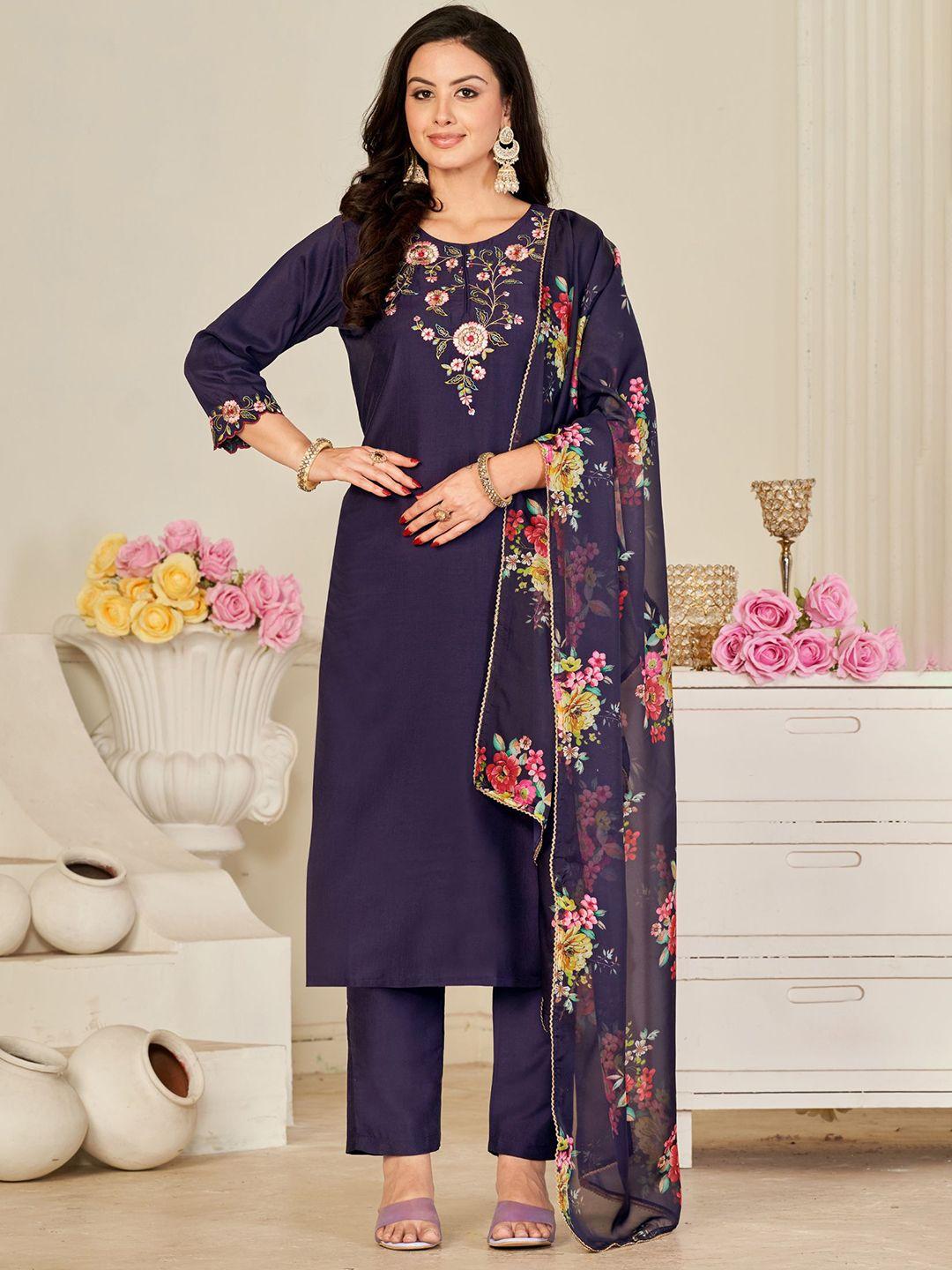 kalini women violet floral embroidered regular thread work kurta with trousers & with dupatta