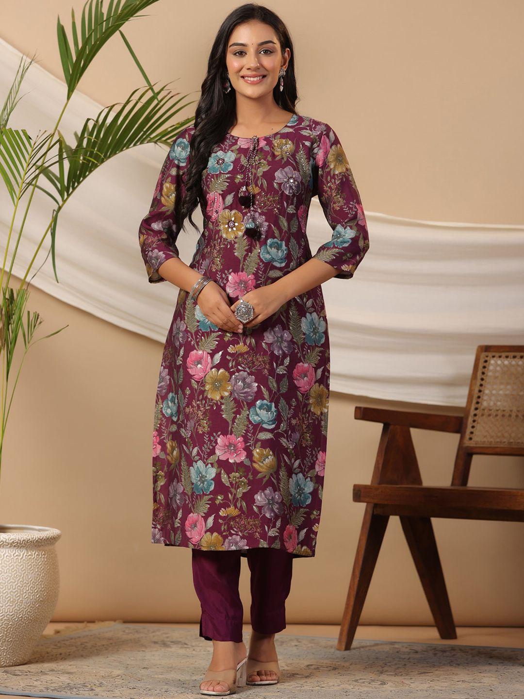 piroh women purple printed kurta with trousers