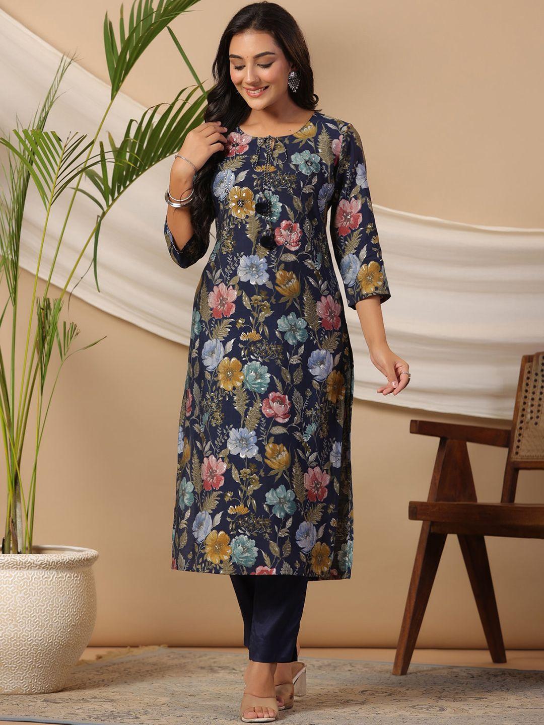 piroh women blue printed kurta with trousers