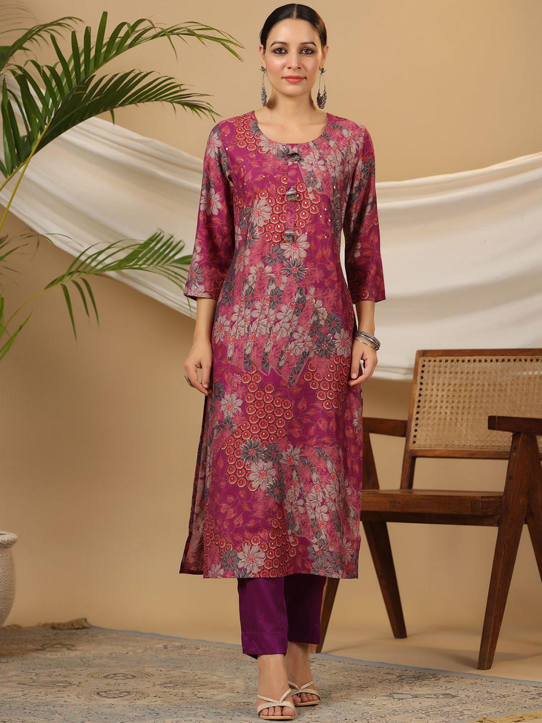 piroh women purple printed kurta with trousers & with dupatta