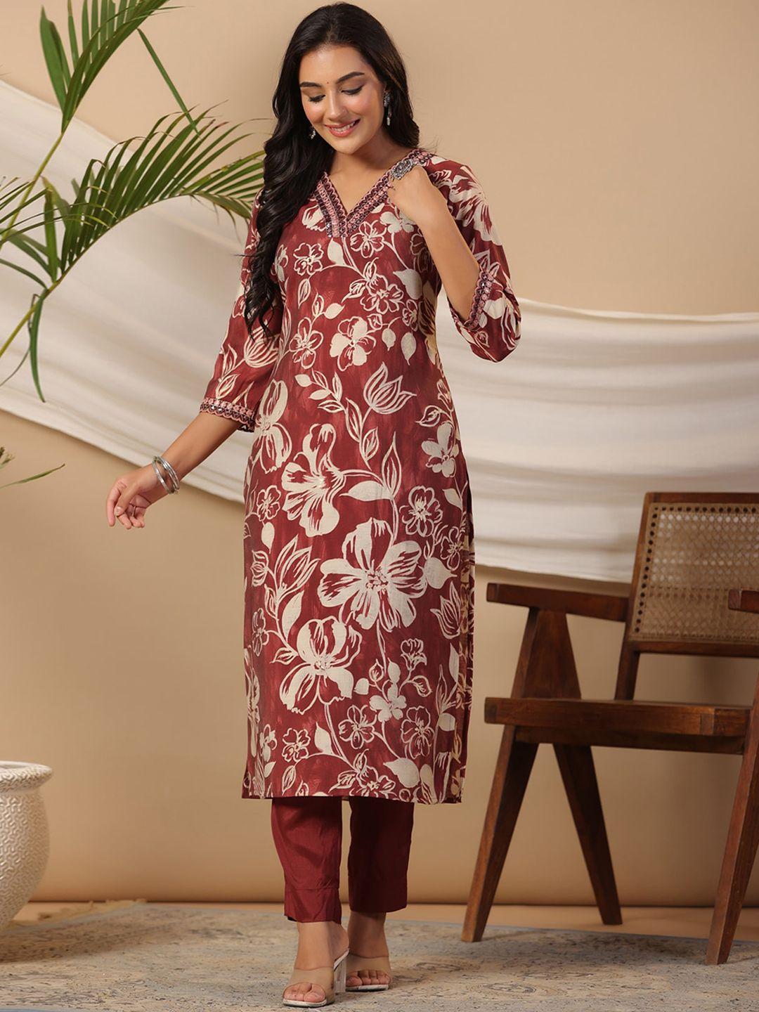 piroh floral printed v-neck mirror work straight kurta with trouser