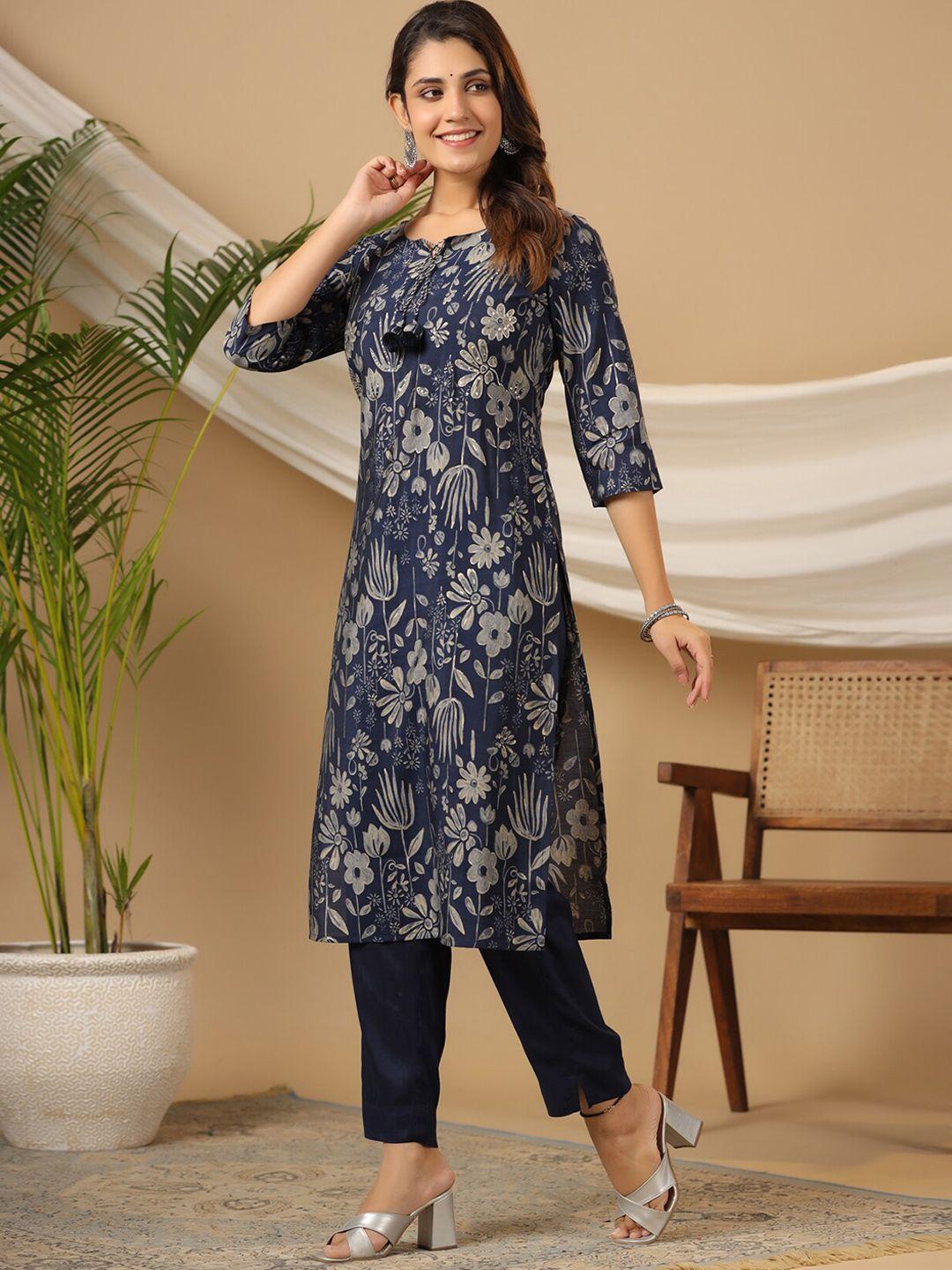 piroh floral printed tie-up neck sequinned straight kurta with trouser