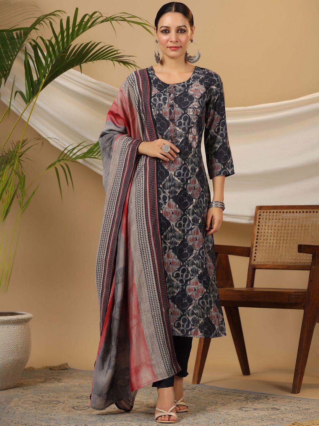 piroh geometric printed mirror work straight kurta with trouser & dupatta