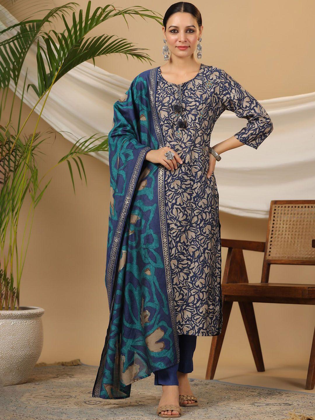 piroh floral printed tie-up neck mirror work straight kurta with trouser & dupatta