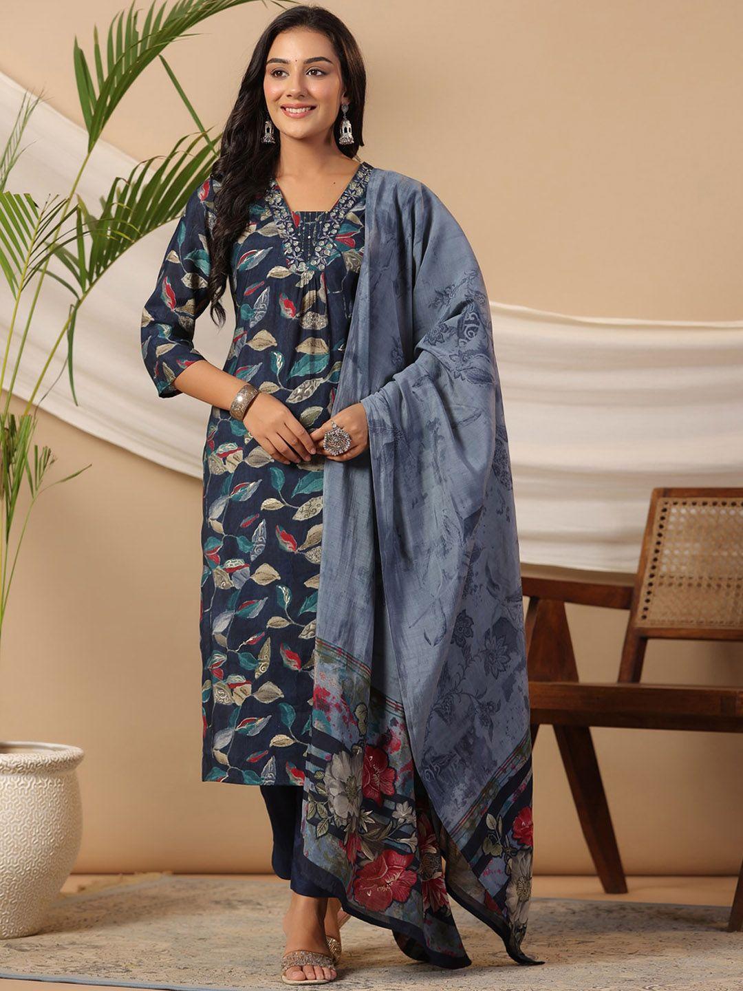 piroh women blue printed kurta with trousers & with dupatta