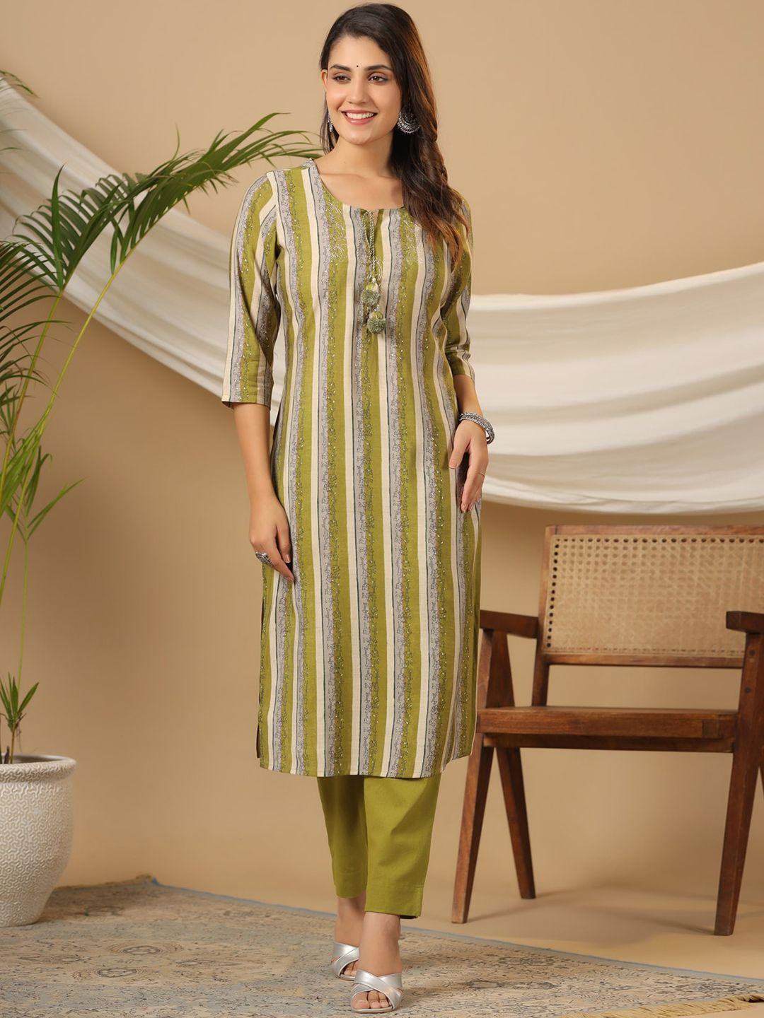 piroh women green printed kurta with trousers