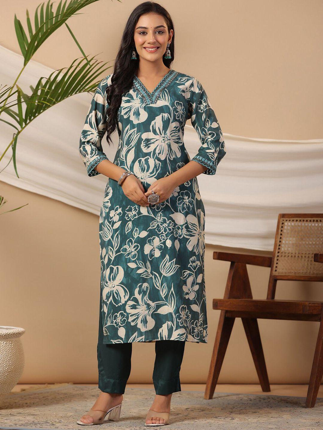 piroh floral printed v-neck mirror work straight kurta with trouser