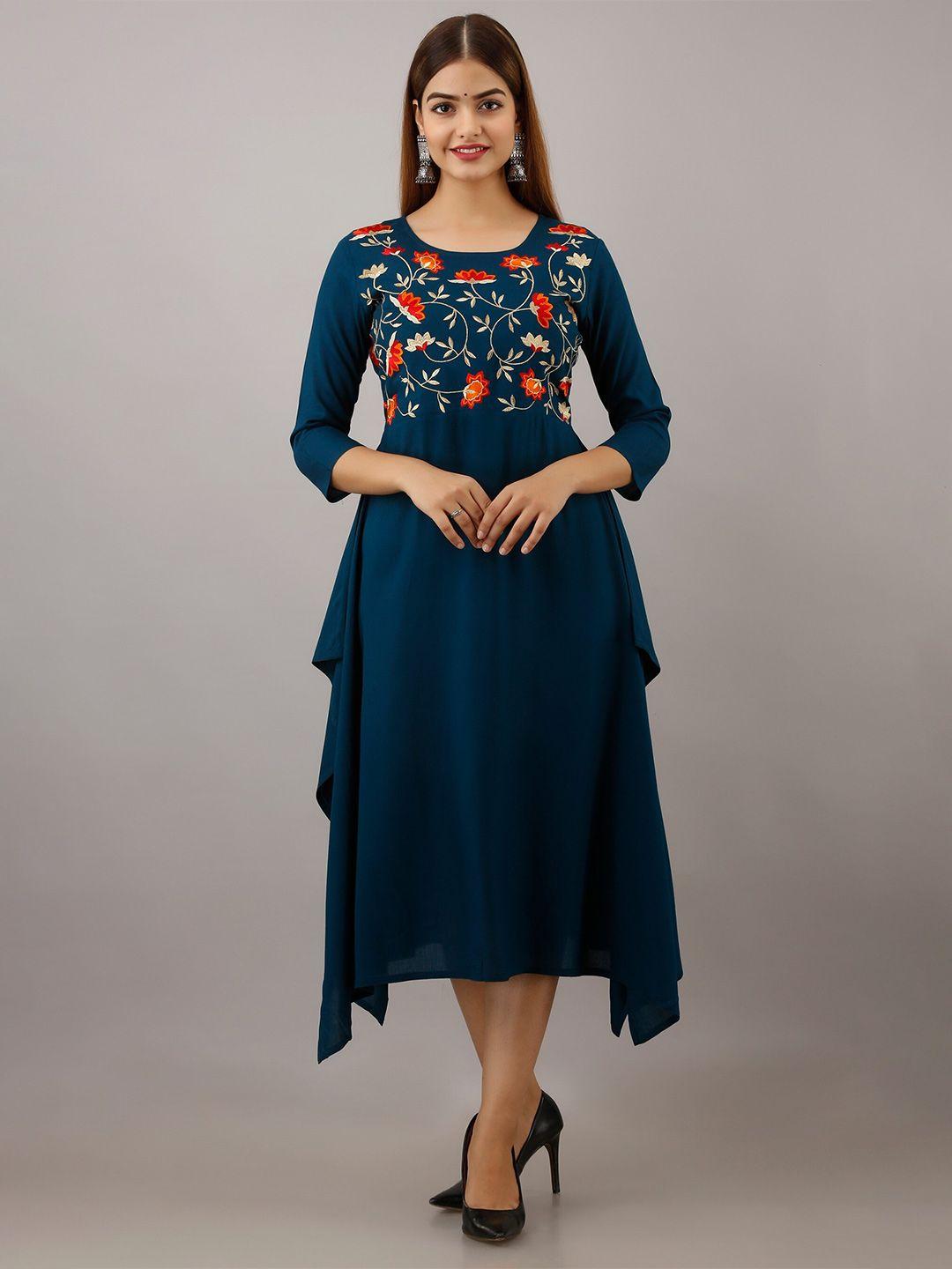 shoolin floral embroidered ruffled a-line midi ethnic dress