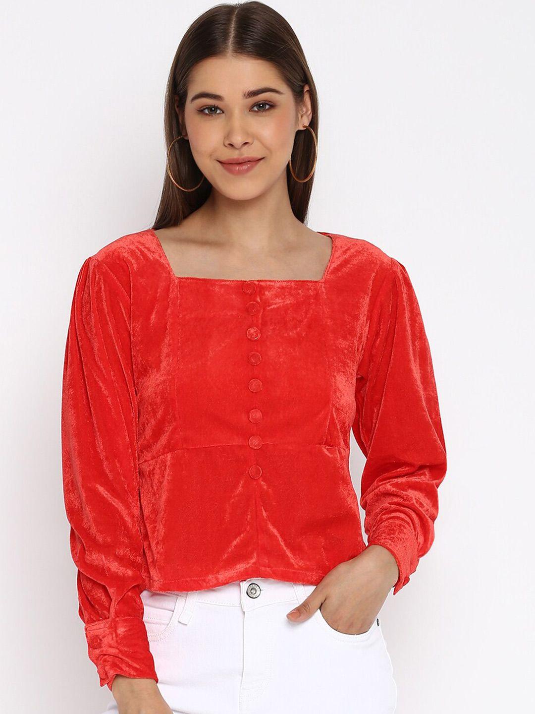 dressberry red square neck cuffed sleeves velvet regular top