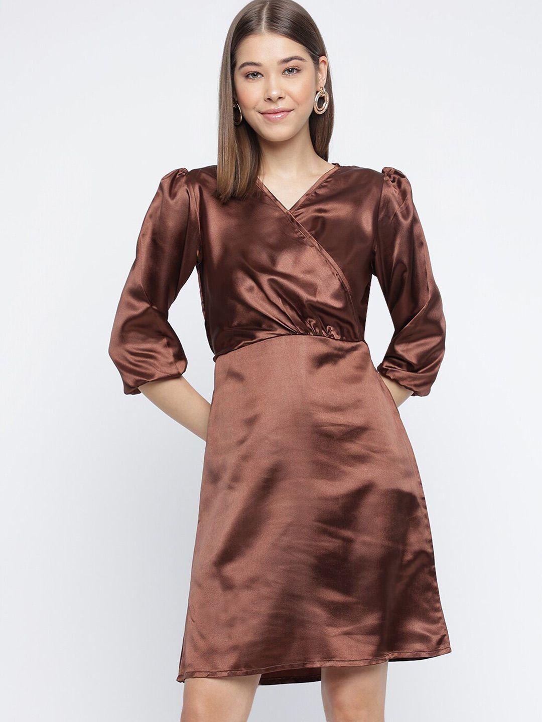 dressberry coffee brown v-neck puff sleeves satin a-line dress