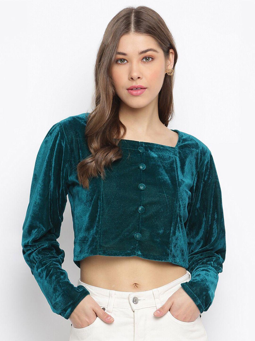 dressberry teal green square neck crop velvet top