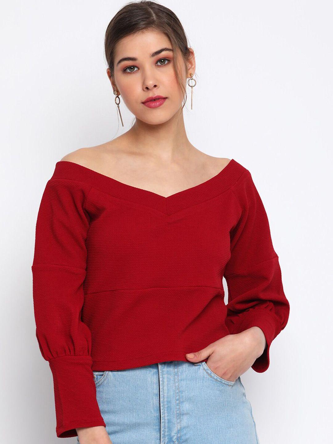 dressberry maroon off shoulder cuffed sleeves linen top