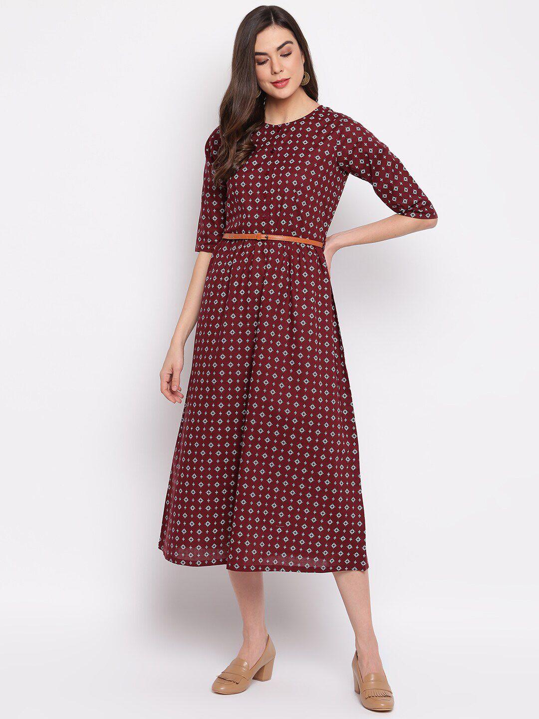 dressberry red ethnic motifs printed belt detailed round neck a-line dress