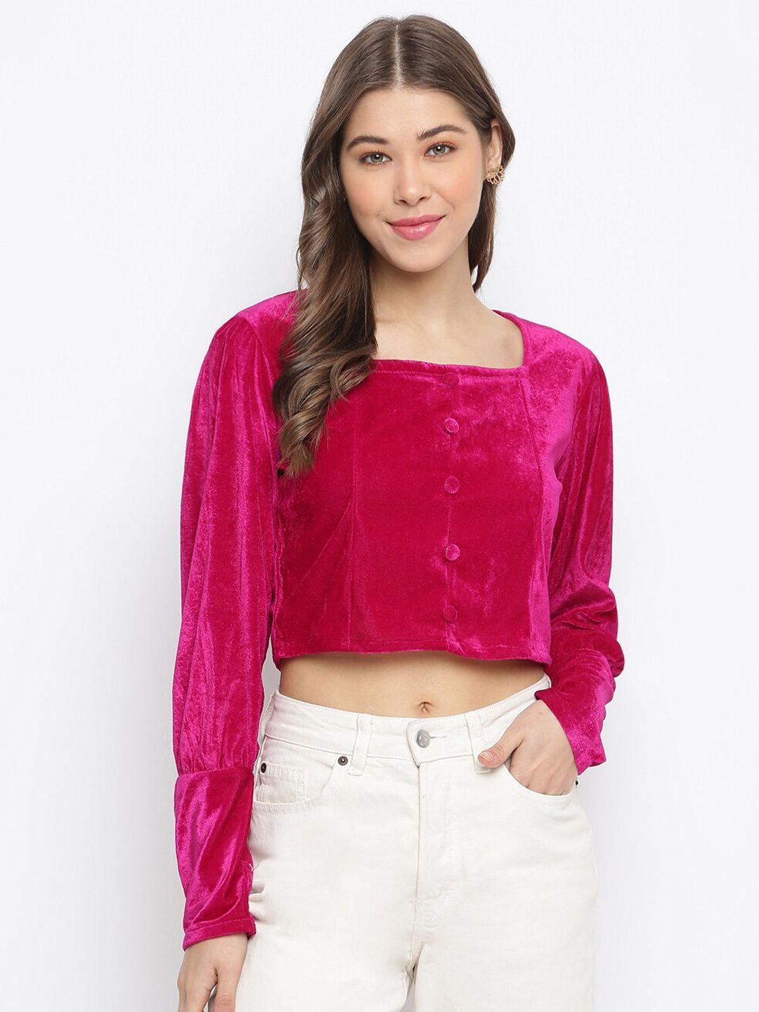 dressberry magenta square neck puff sleeves crop velvet top