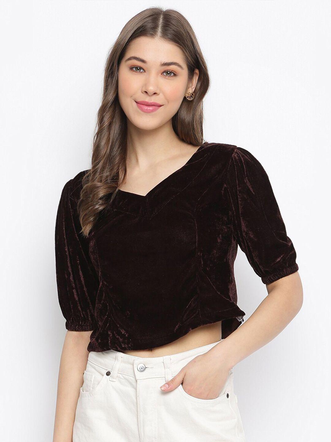 dressberry coffee brown v-neck puff sleeves velvet top