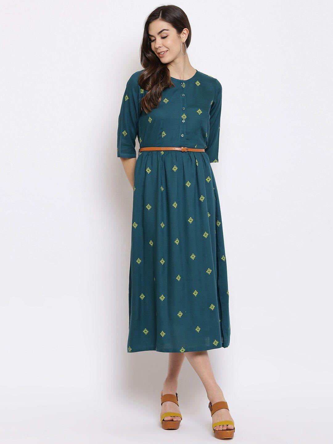 dressberry teal blue ethnic motifs printed a-line dress