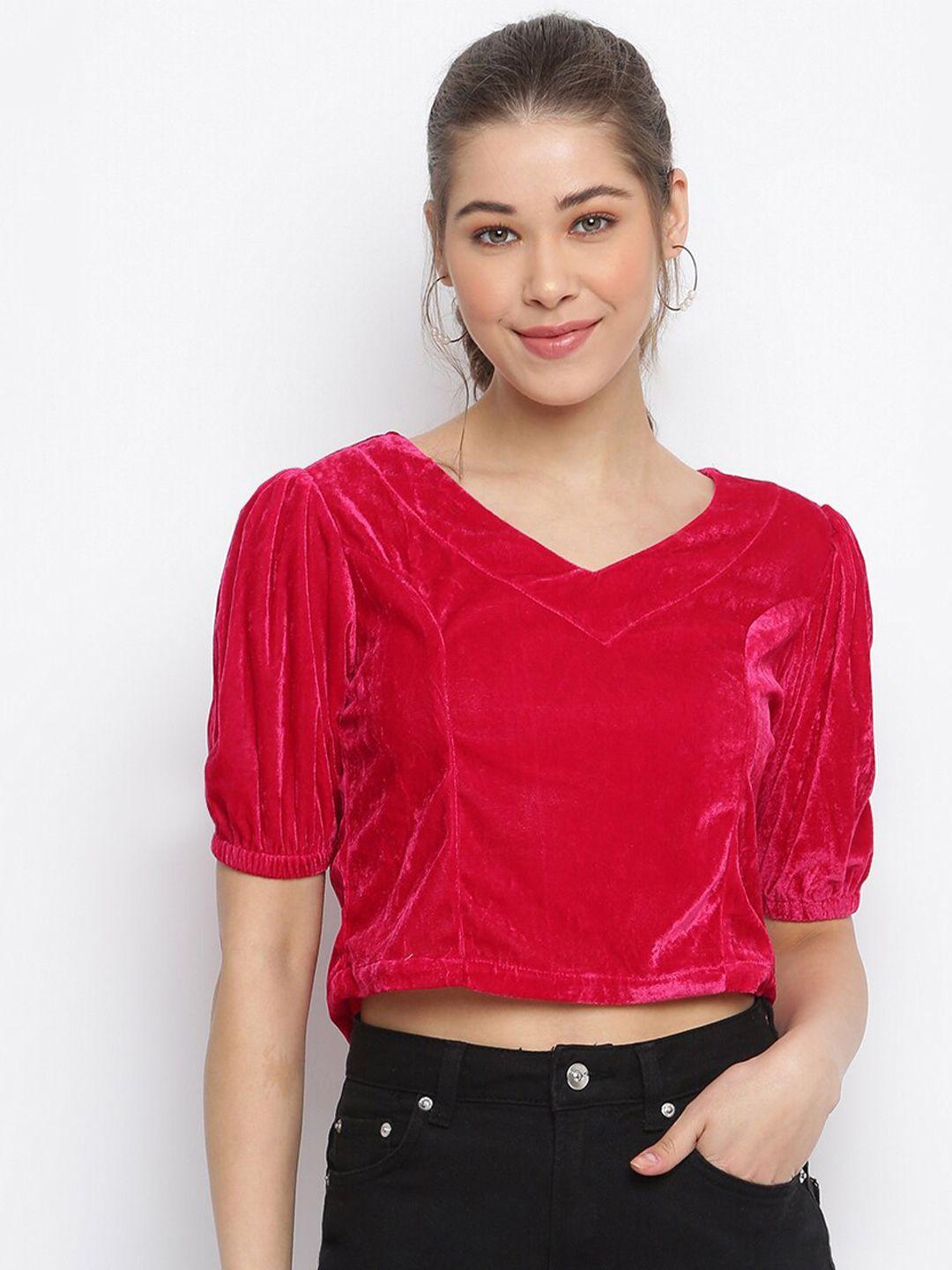 dressberry magenta puff sleeves velvet crop top