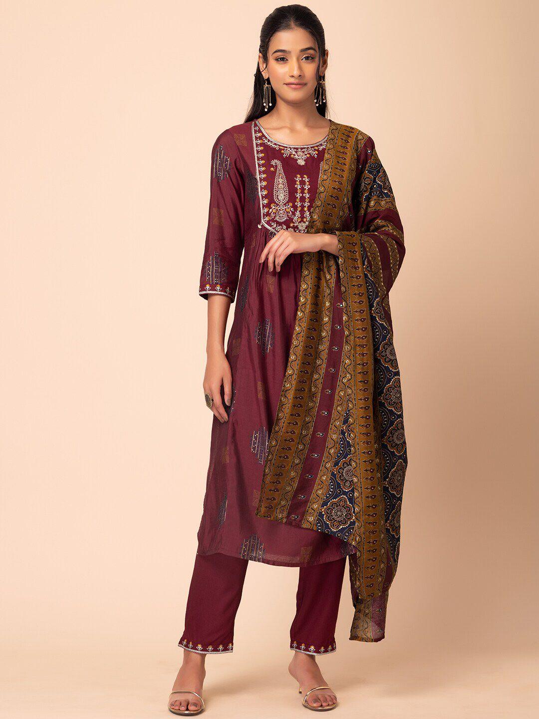 rang by indya ethnic motifs embroidered a line kurta with trousers & dupatta