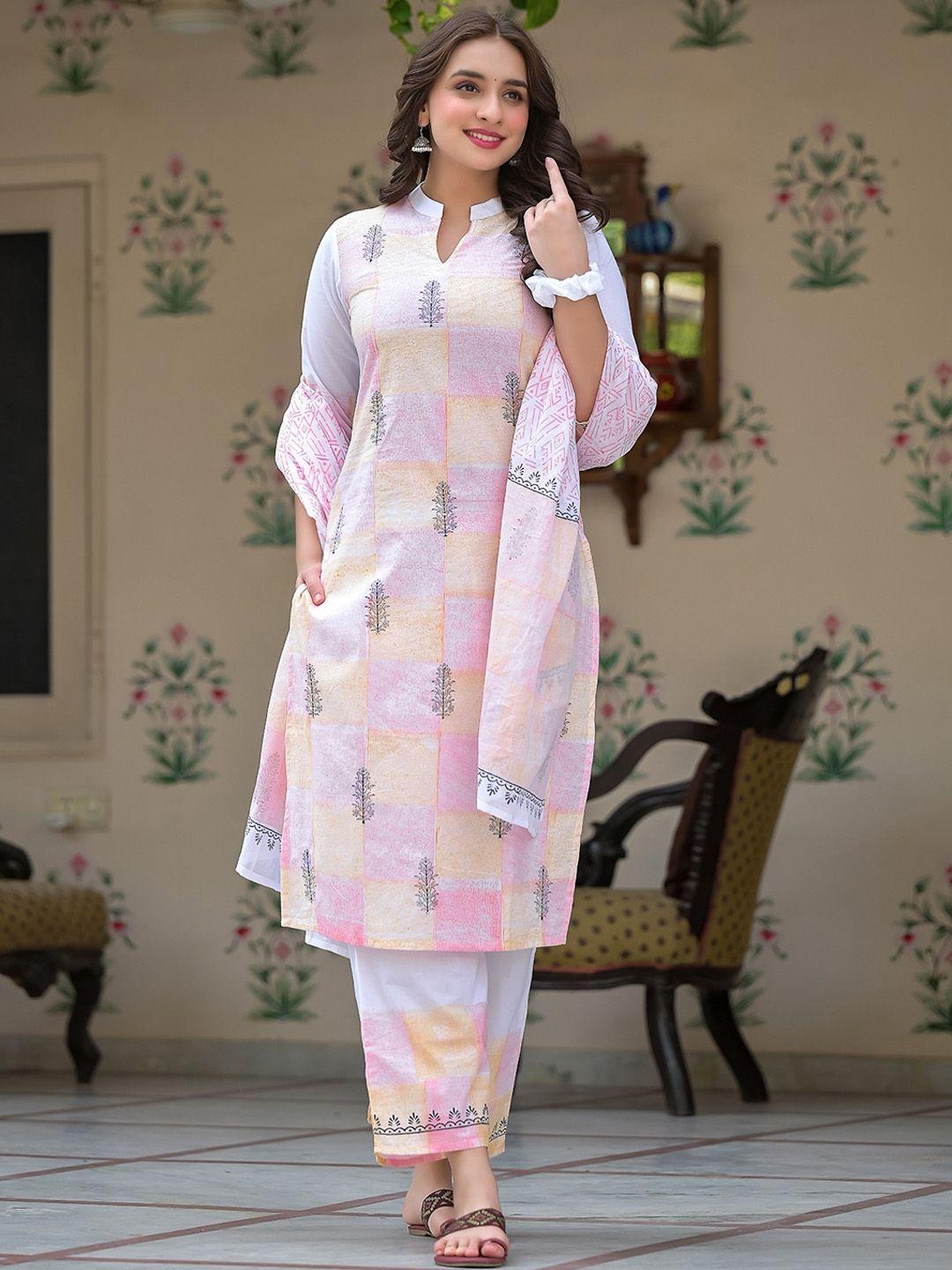 the kapas ethnic motifs block printed pure cotton kurta with trousers & dupatta