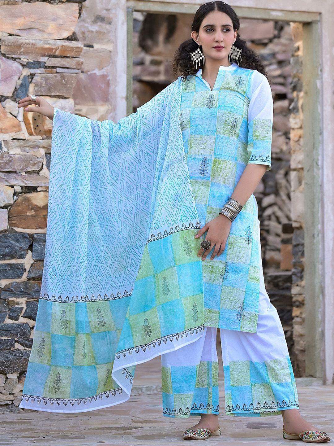 the kapas women blue printed regular thread work pure cotton kurta with palazzos & with dupatta