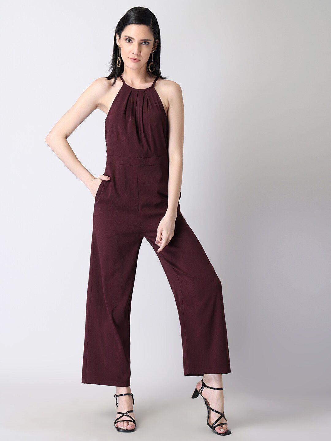 faballey maroon halter neck basic jumpsuit