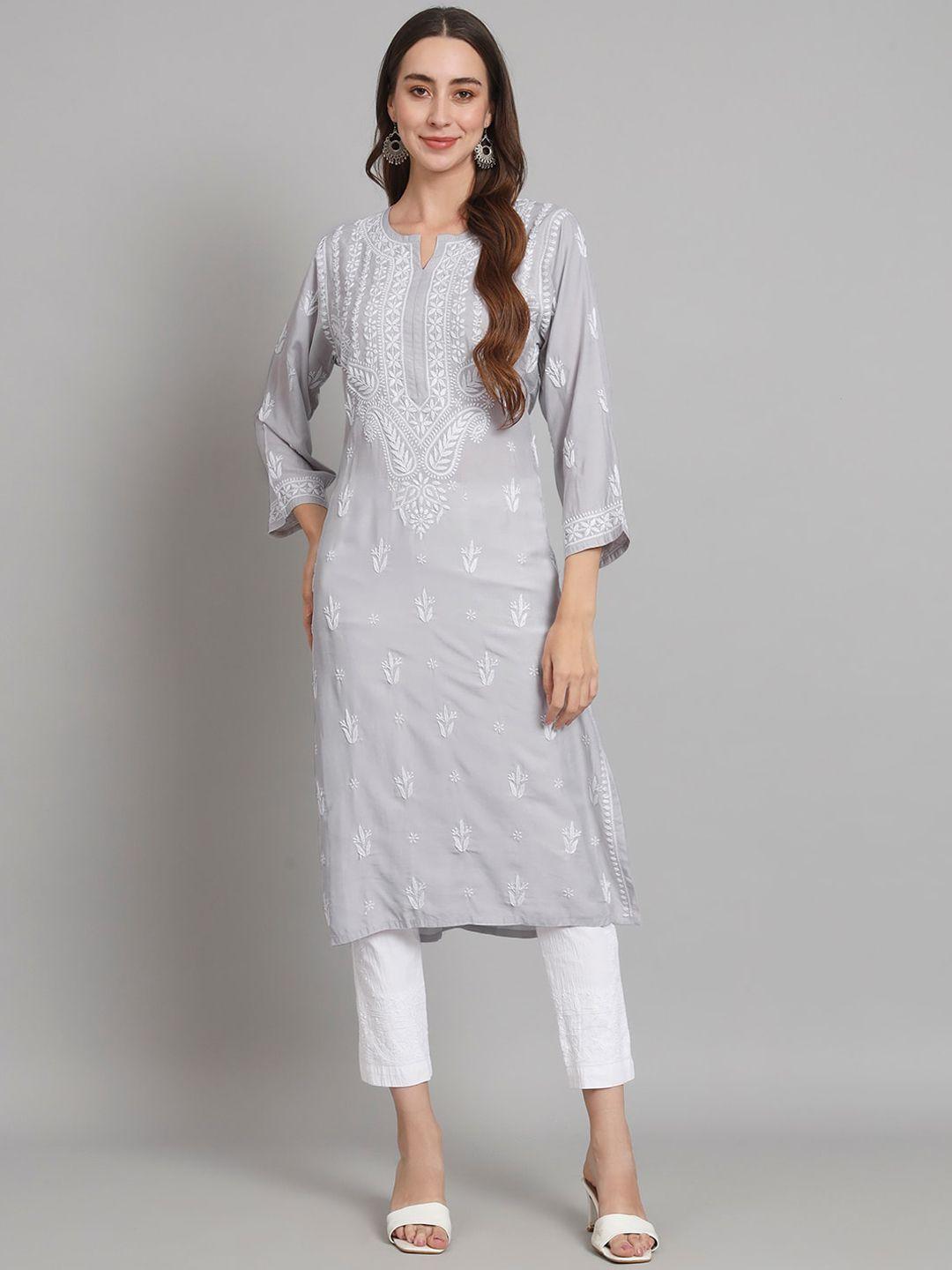 paramount chikan women grey & white ethnic motifs embroidered chikankari floral kurta