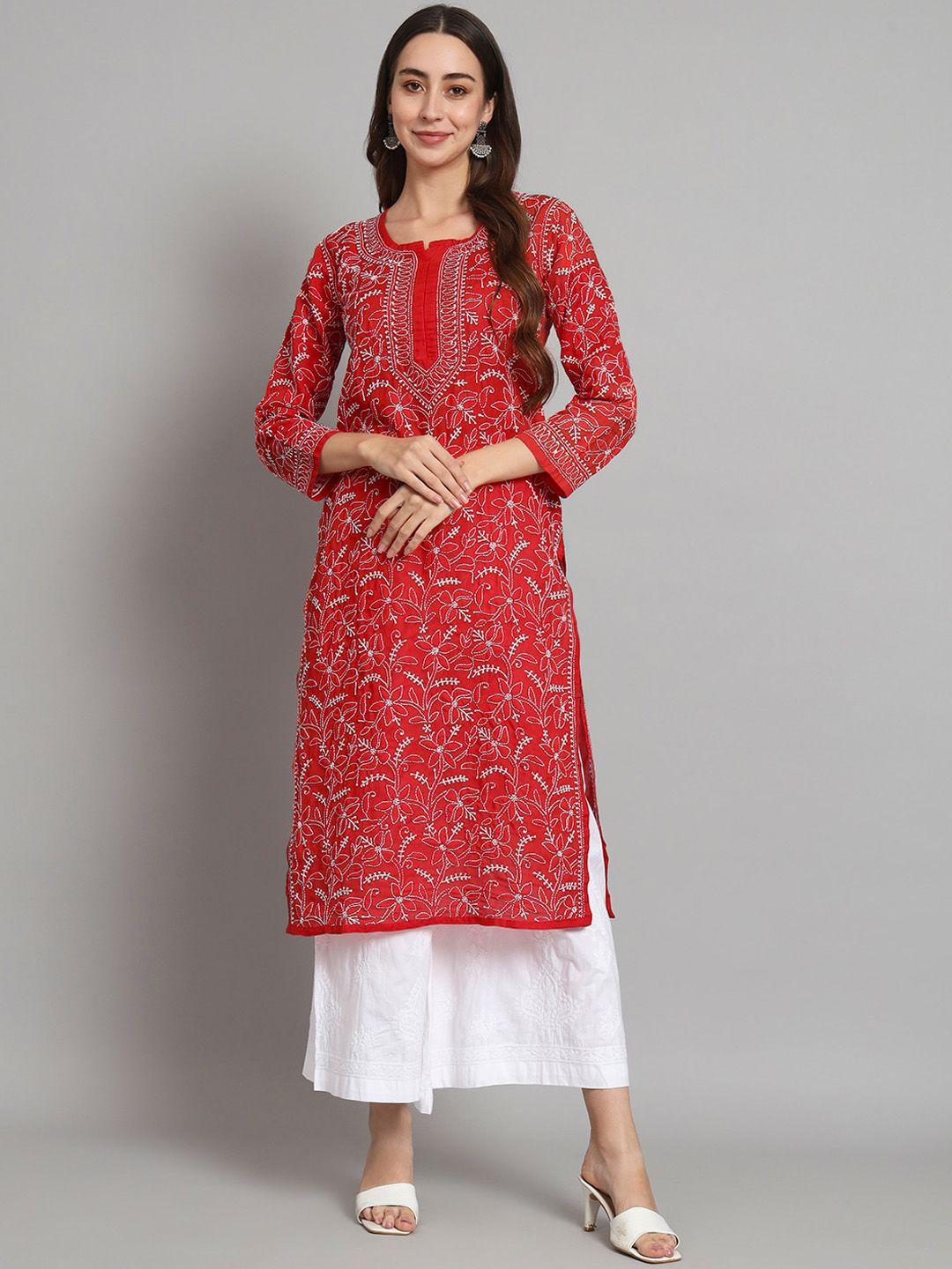 paramount chikan women red & white ethnic motifs embroidered chikankari floral kurta