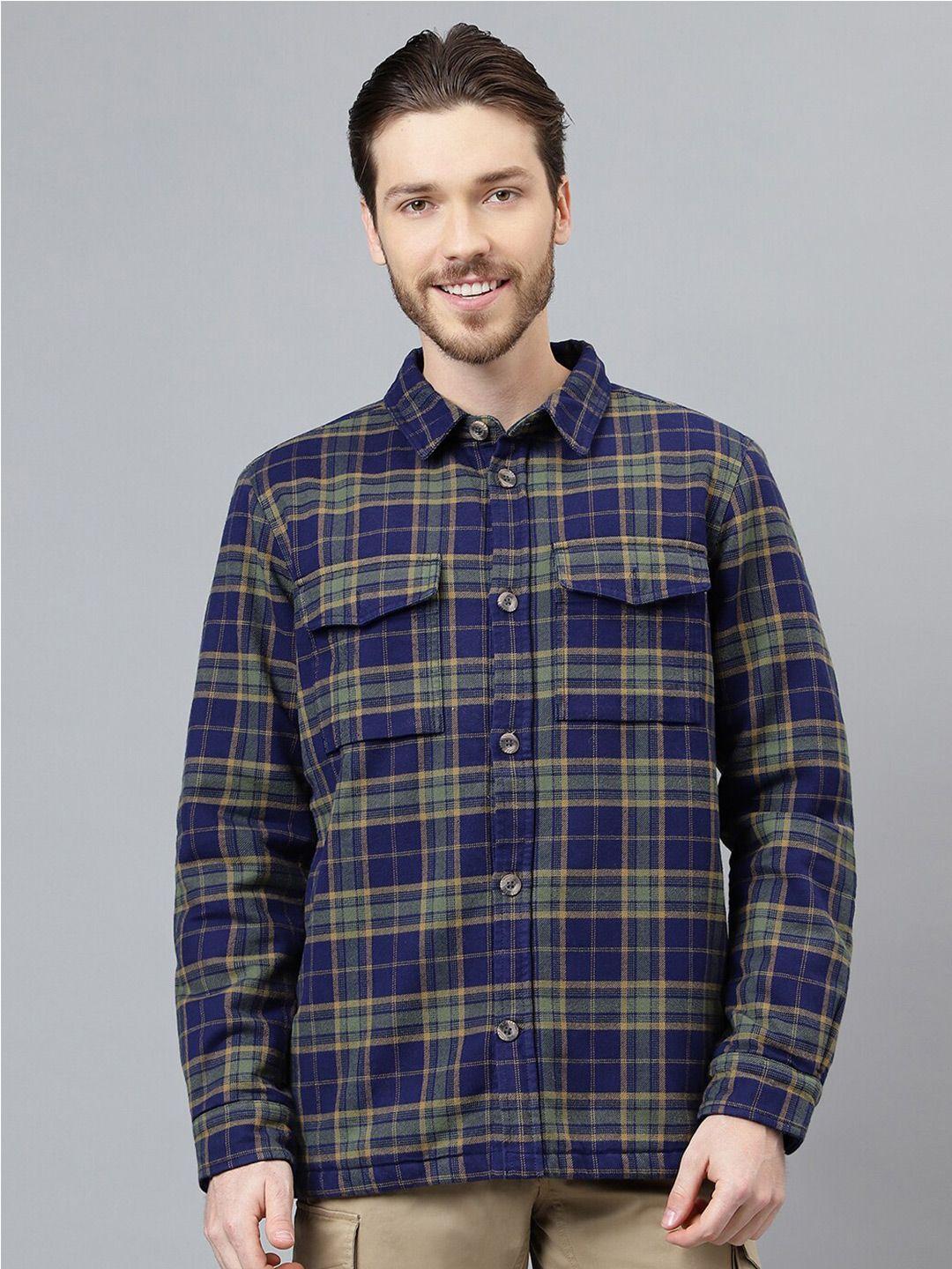 woodland tartan checks spread collar long sleeve pocket cotton casual shirt