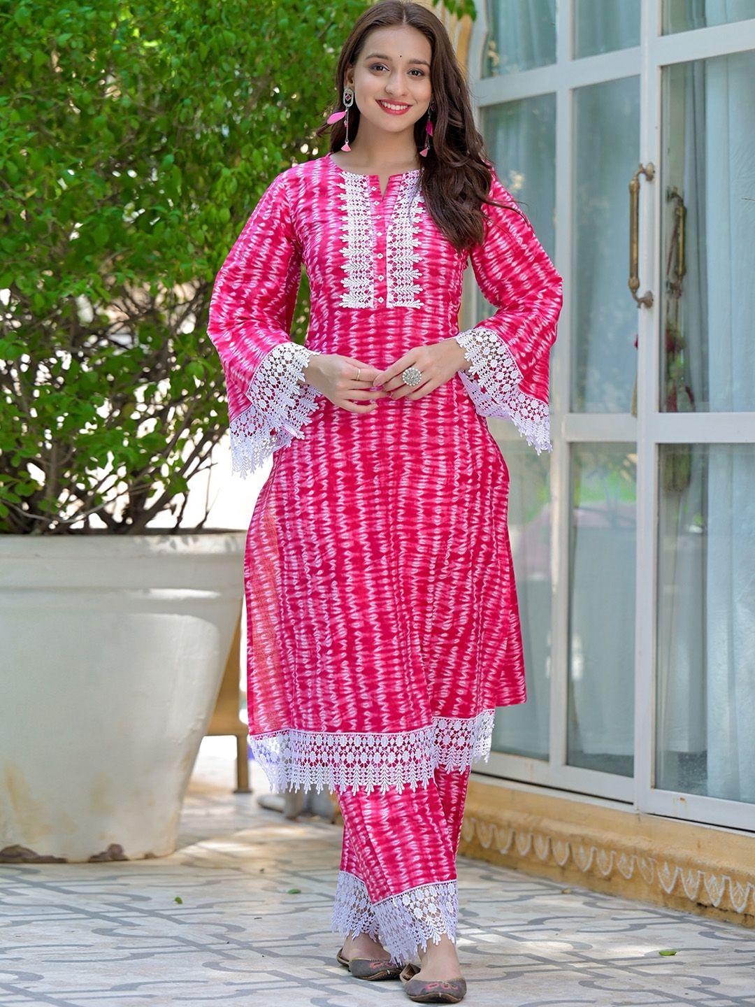 the kapas women pink printed regular pure cotton kurta with palazzos