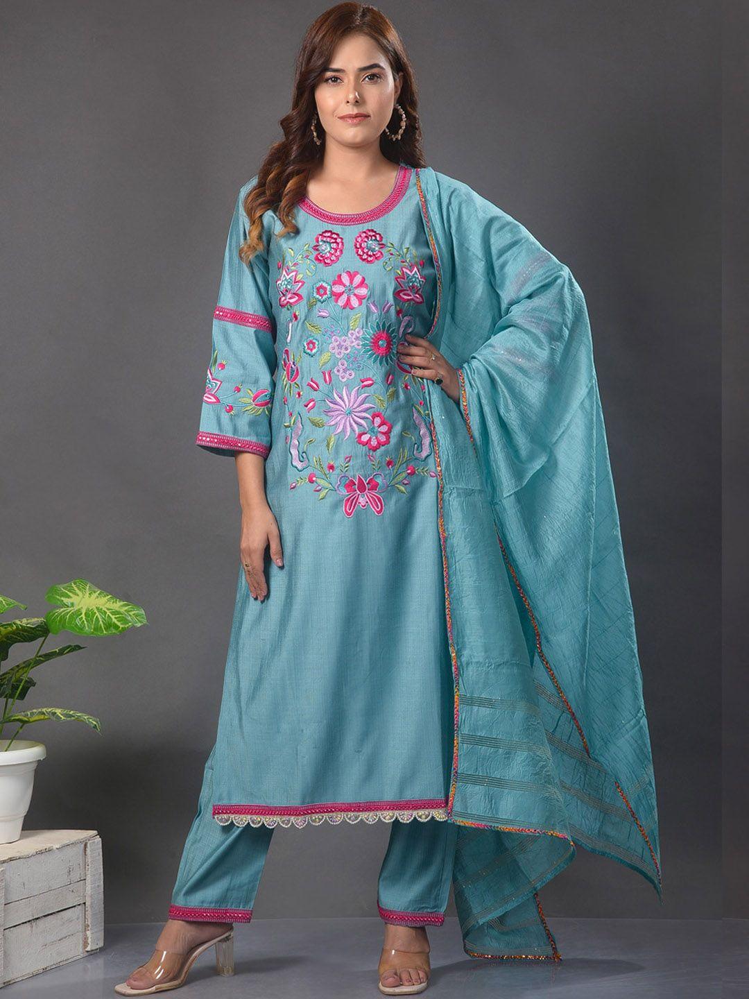 clora creation women blue floral embroidered regular kurta with palazzos & with dupatta