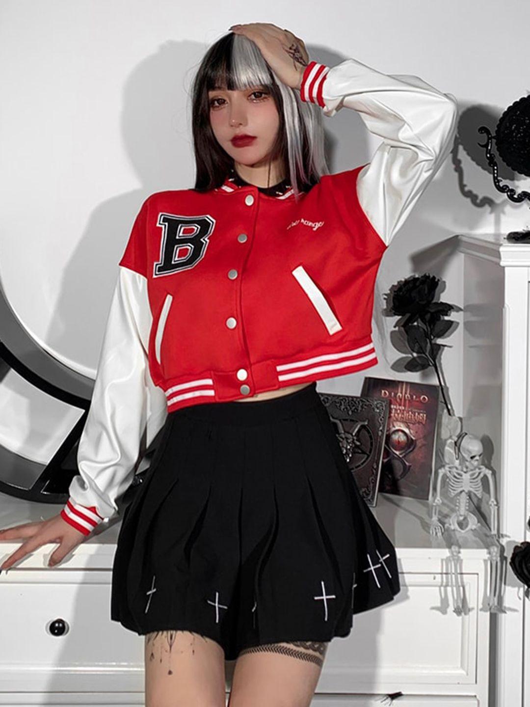 stylecast red mock collar crop varcity jacket