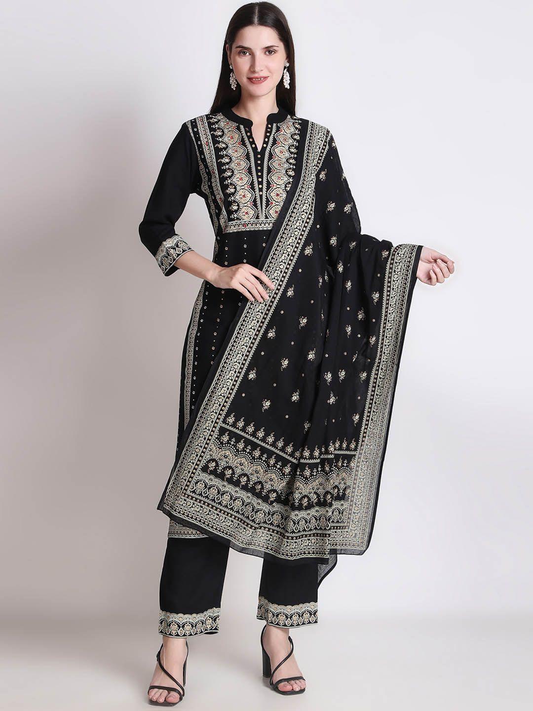 ichaa floral yoke design mandarin collar kurta with trousers & dupatta