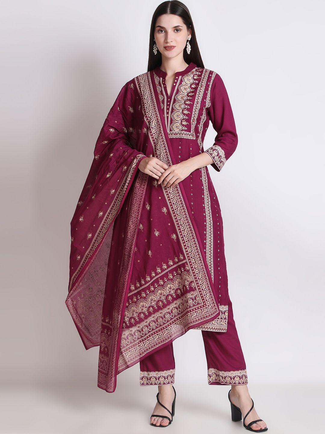 ichaa floral printed mandarin collar kurta with trousers & dupatta