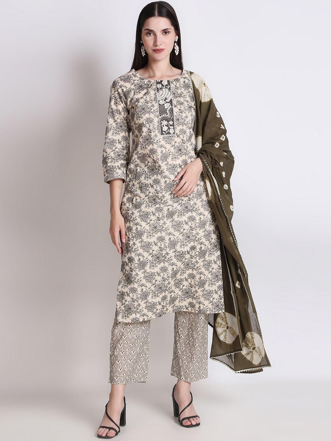 ichaa floral printed pure cotton kurta with trousers & dupatta