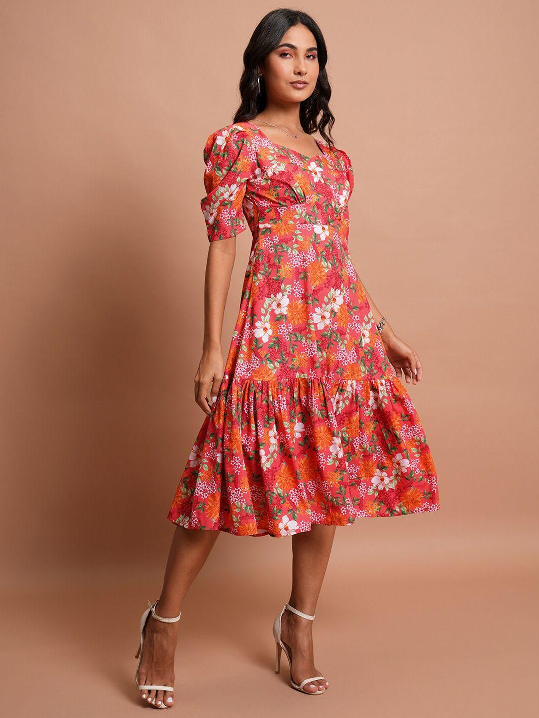 tokyo talkies red floral print fit & flare midi dress