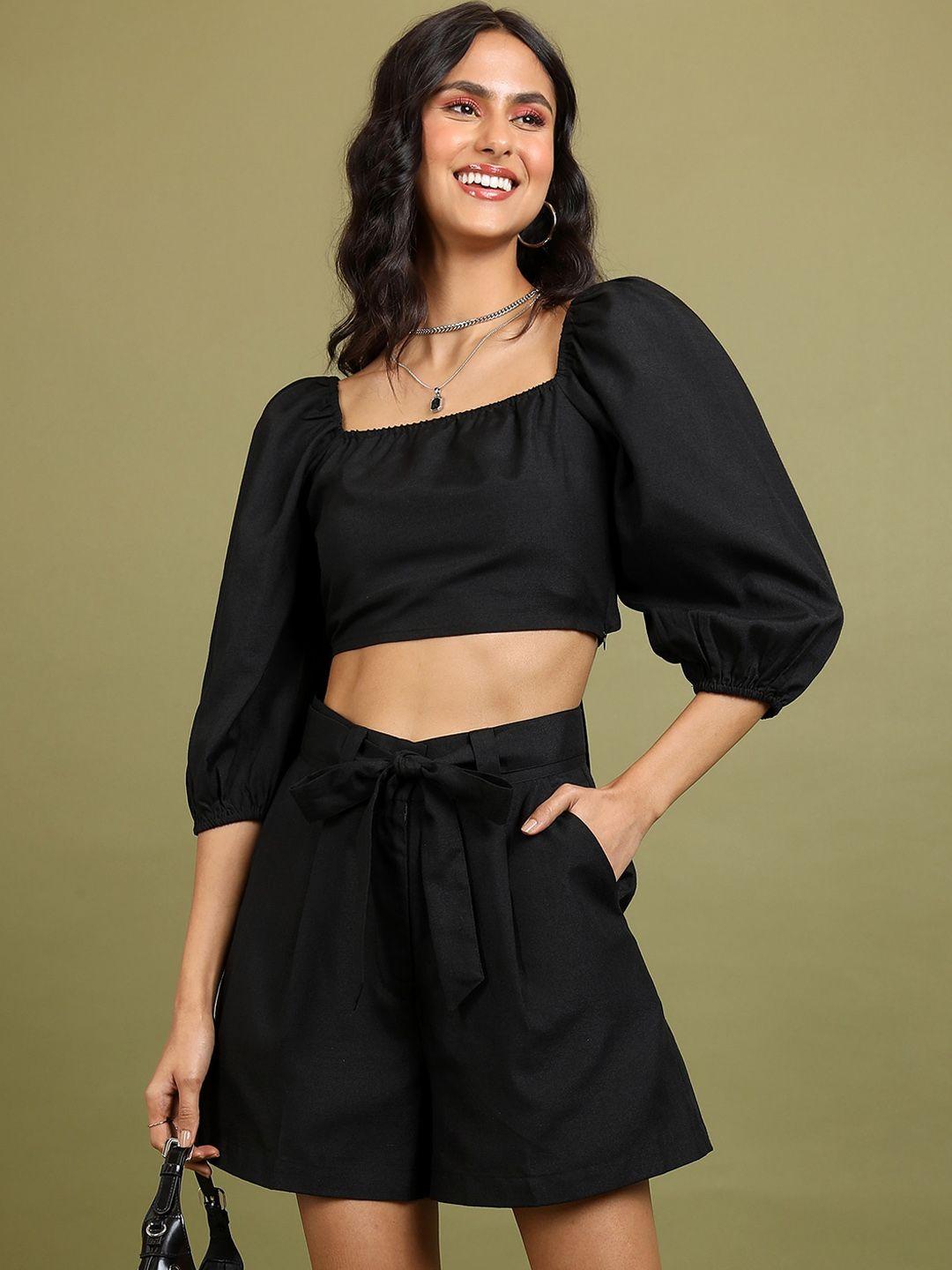 tokyo talkies tie-ups back crop top with pleated belted shorts