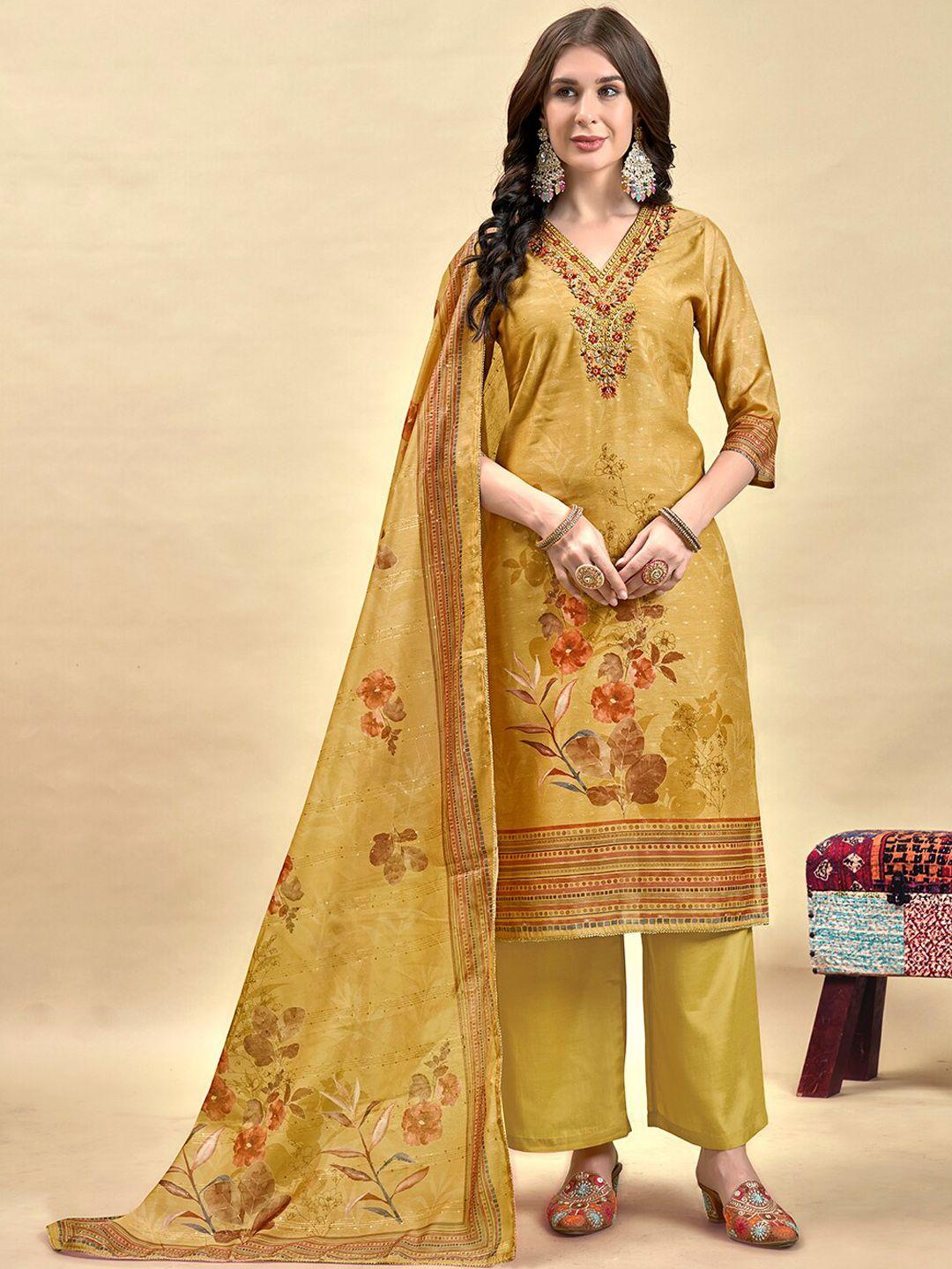 anouk floral printed mirror work chanderi silk straight kurta with palazzos & dupatta