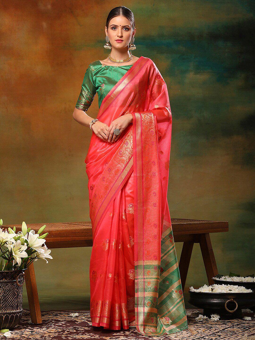 anouk pink ethnic motifs woven design zari organza saree