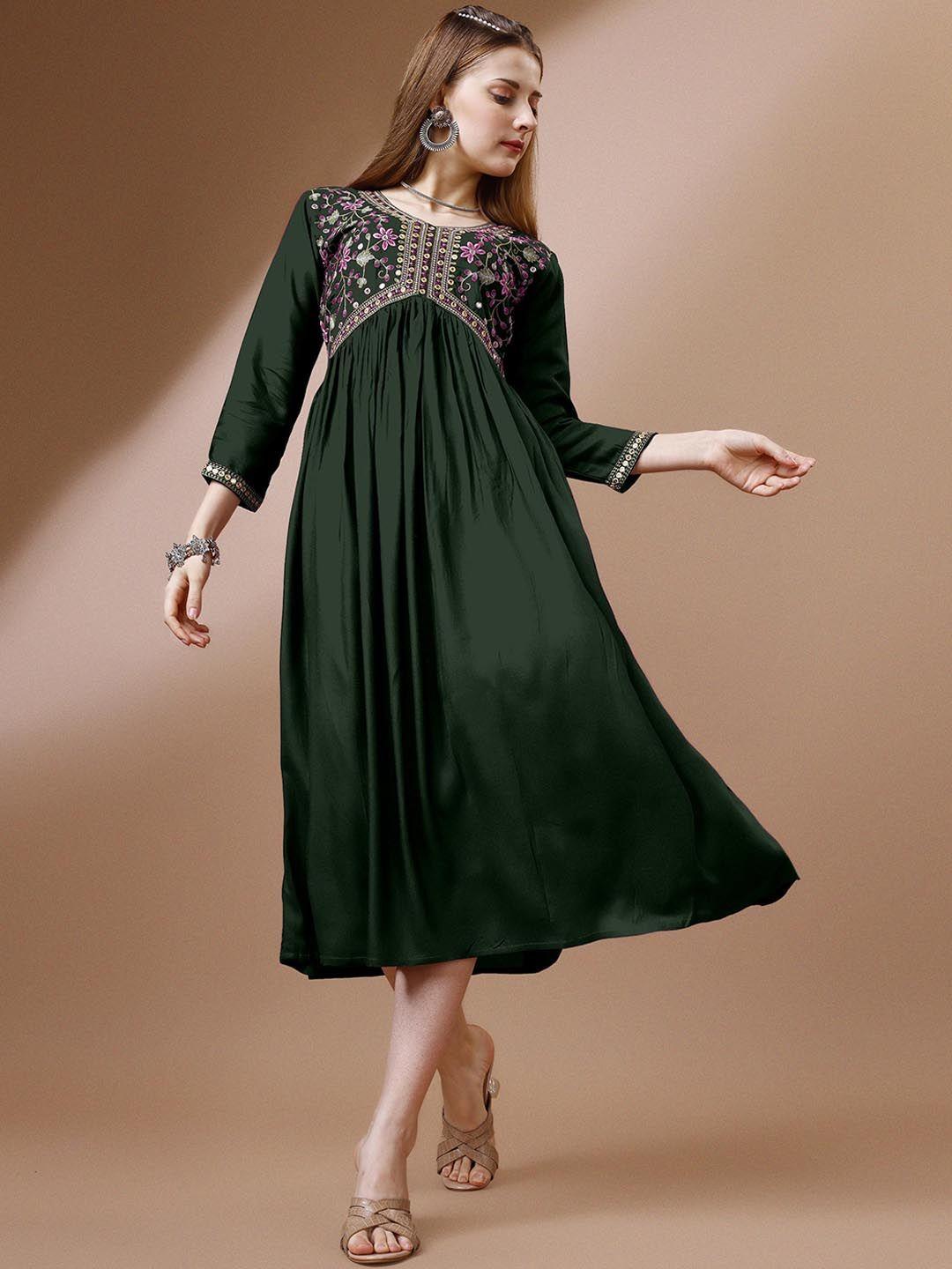 fabfairy women green embroidered sequinned anarkali kurta