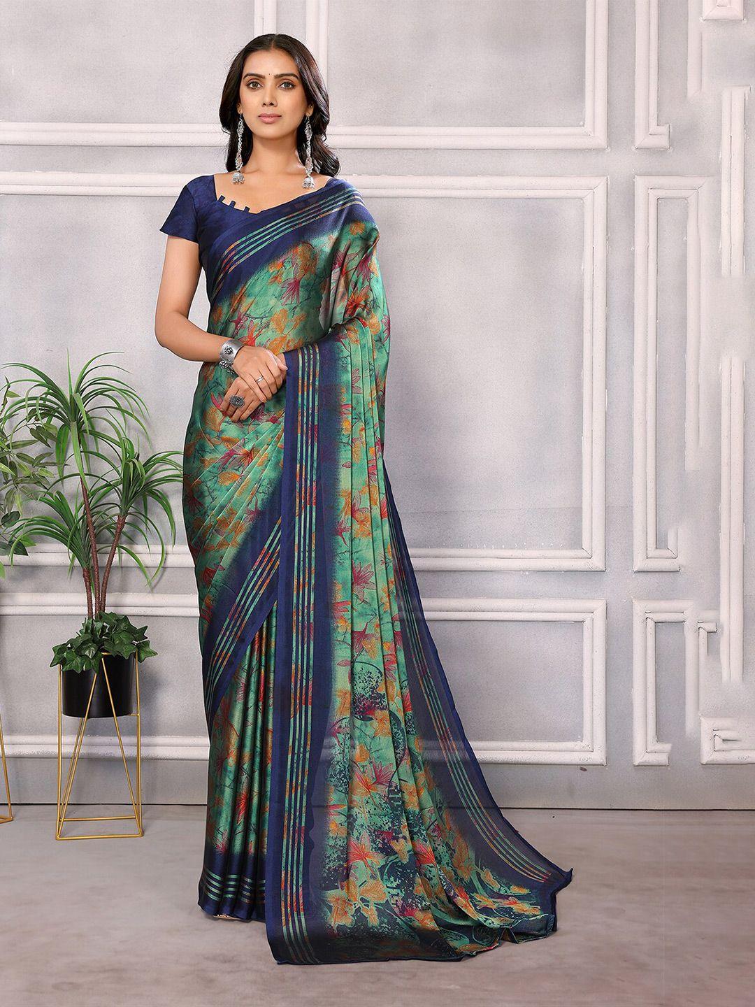 here&now teal floral pure chiffon designer saree