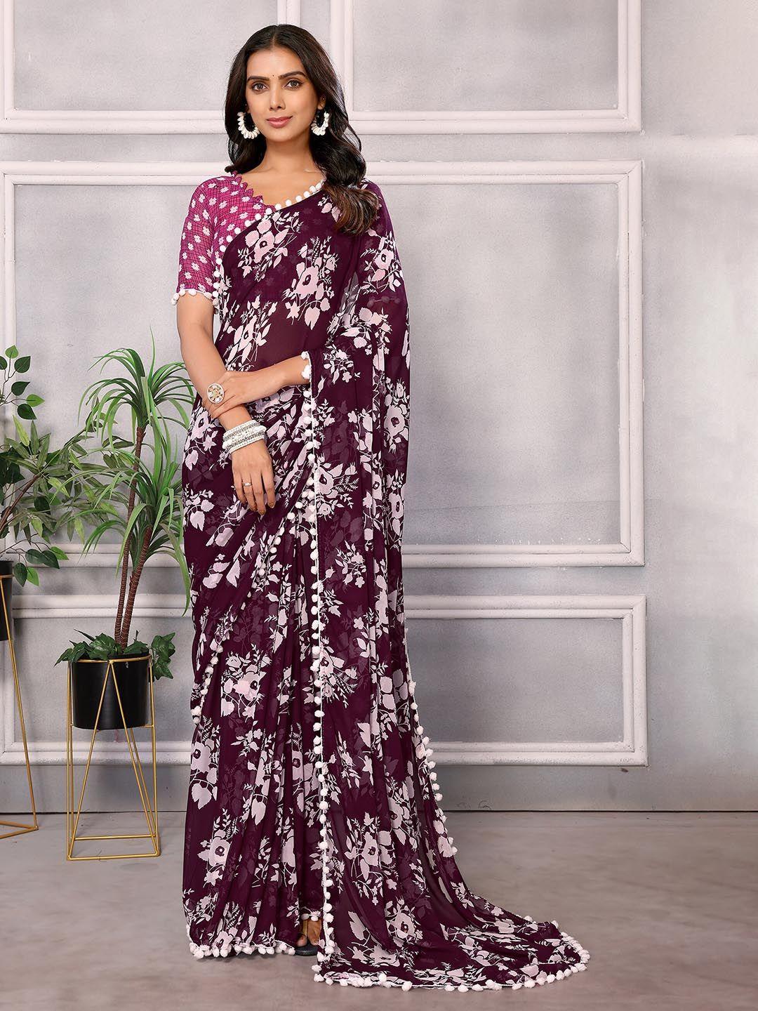 here&now purple floral pure chiffon designer saree