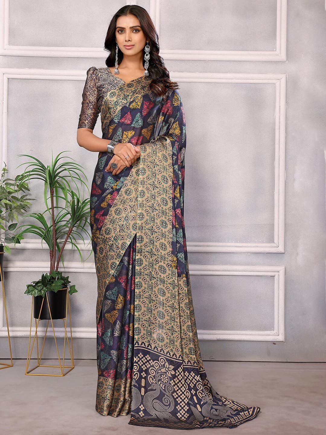 here&now navy blue floral pure chiffon designer saree